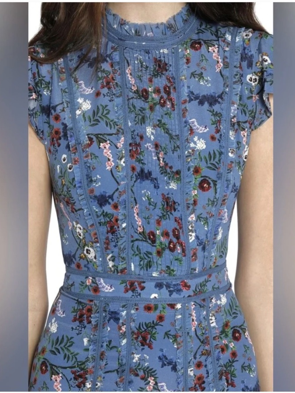 Alice + Olivia Blue Floral Ruffle Sleeve Fit-and-Flare Dress - Picture 2 of 9